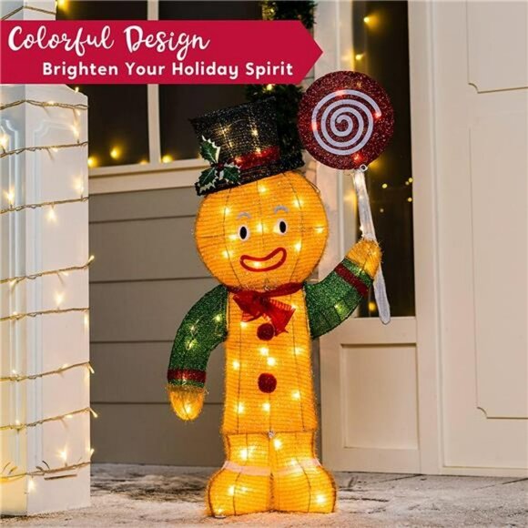 3FT Christmas Gingerbread Man Tinsel Yard Light 50 Pre-Lit LED Warm White Lights - Picture 5 of 7